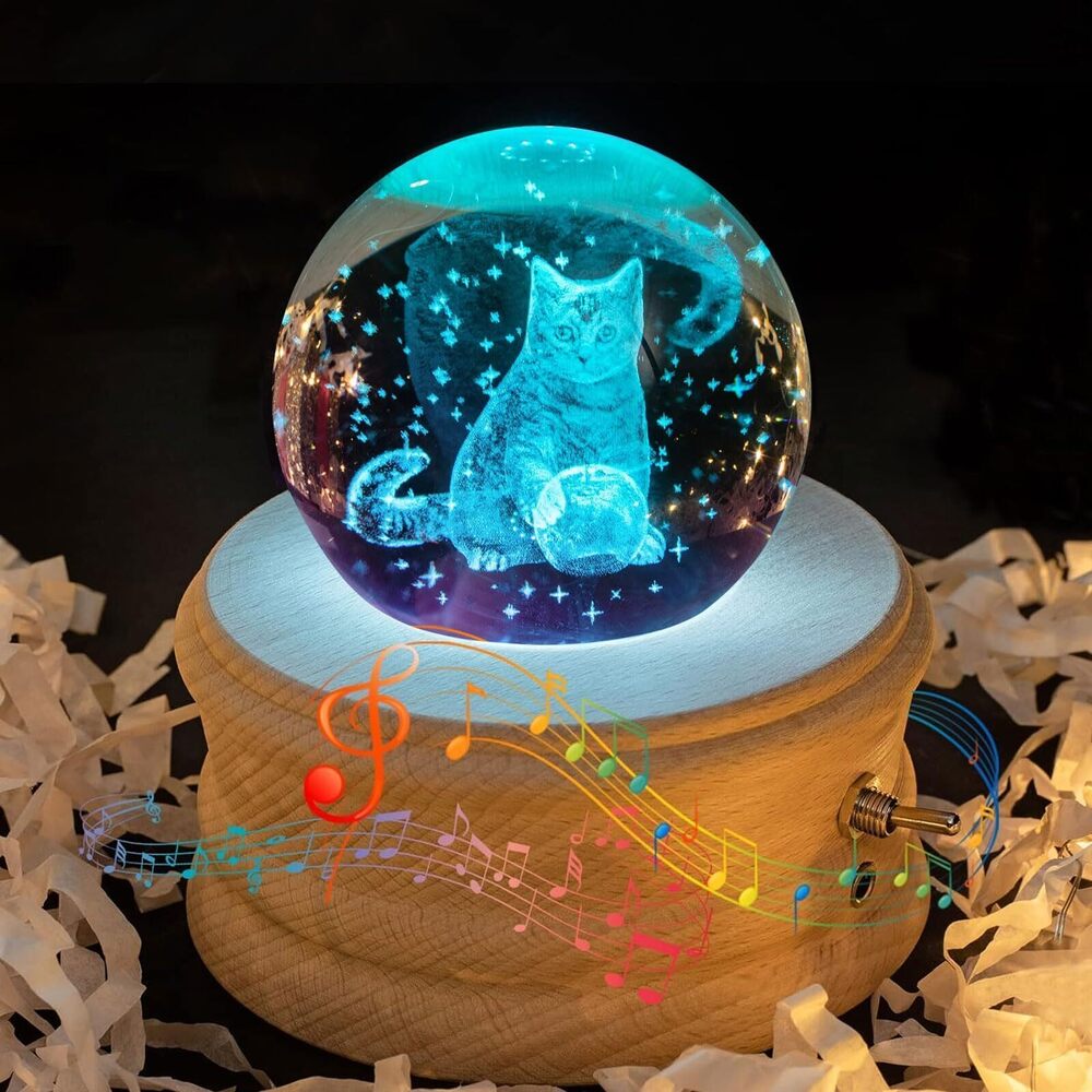 7963 3D Crystal Ball Music Box with RGB Light Projection, 360 Rotating